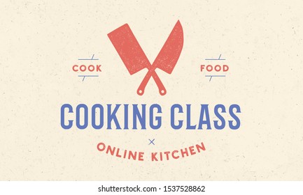 Meat Logo. Logo For Cooking School Class With Icon Chef Knife, Butcher Knife, Text Typography Coocking Class. Graphic Logo Template For Cooking School, Class, Kitchen Course. Vector Illustration