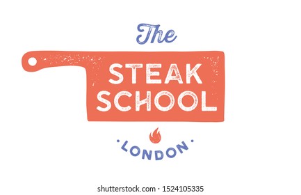 Meat logo. Logo for Cooking school with icon chef knife, text typography Steak School. Graphic logo template for cooking shool, class, kitchen course - label, banner, sticker. Vector Illustration