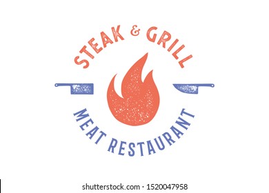 Meat logo. Logo for grill house restaurant with knife, text typography Steak, Grill, Meat, Restaurant. Graphic logo template for restaurant, bar, cafe, food court and menu, label. Vector Illustration