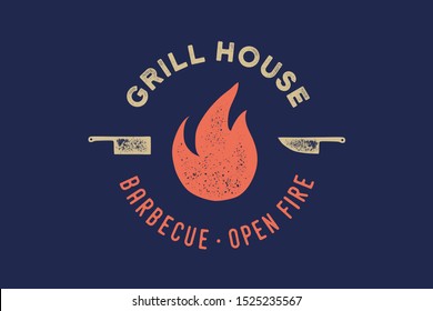 Meat Logo. Logo For Grill House Restaurant With Icon Fire, Knife, Text Typography Grill House, Barbecue, Fire. Graphic Logo Template For Restaurant, Bar, Cafe, Food Court And Menu. Vector Illustration