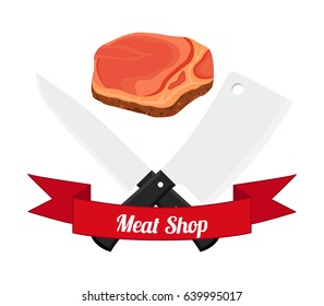 Meat logo, label for menu, restaurants, butchery shops. Fresh meat, beef, pork. Made in cartoon flat style with ribbons.