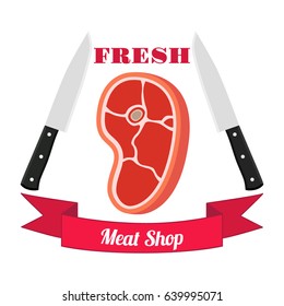 Meat logo, label for menu, restaurants, butchery shops. Fresh meat, beef, pork. Made in cartoon flat style with ribbons.