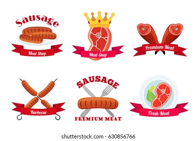 Meat logos, labels for menu, restaurants, butchery shops. Fresh meat, sausages, beef, pork. Made in cartoon flat style with ribbons.