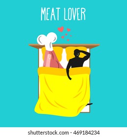 Meat lover. Man and beef lie in bed. 