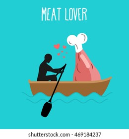 Meat lover. Man and ham and ride in boat. Lovers of sailing. 