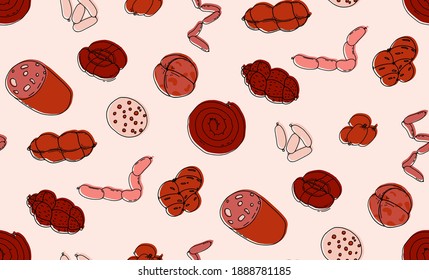 Meat lover print, Sausage, beef, pork, steak, barbeque seamless pattern. Grillling keto diet butcher homedecor art. Kitchen design in vector