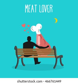 Meat lovers. Ham and people are looking at moon. Date night. Man and beef sit on bench. Month in dark sky. Romantic illustration of jamon
