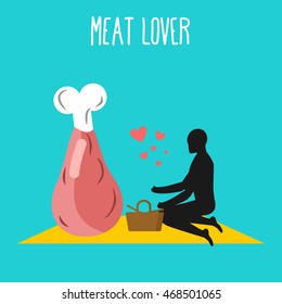 Meat lovers. ham pork on picnic. Rendezvous in Park. Beef and people. Rural jaunt in love wit food. Meal in nature. Plaid and basket for meal on lawn. Romantic illustration of jamon