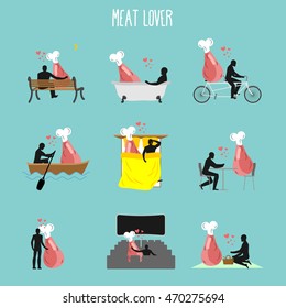 Meat lovers set. Love to collection of ham. Man and ham in movie theater. Lovers in bath. Romantic rendezvous with beef. Boating pork tandem. Breakfast in cafe. Picnic in park