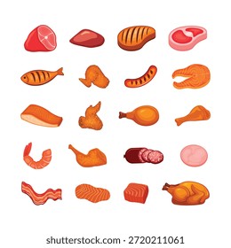 Carne de muchos iconos de Vector aislado sobre fondo blanco. Conjunto de diferentes tipos de Ilustración vectorial cárnica. Colección de carne cruda y cocida. Carne de res, cerdo, aves de corral, pescado y otros icono conjunto Vector