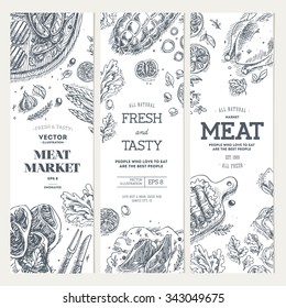 Meat market  banner collection. Linear graphic. Top view vintage illustration