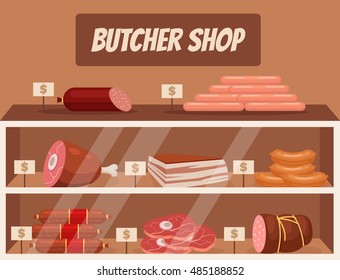 Meat market. Butcher shop. Vector flat cartoon illustration