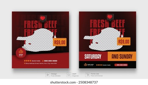 Meat market butchery social media post template. Butchery banner with discounts. Minimalist layout banner for butcher shop