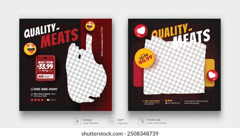Meat market butchery social media post template. Butchery banner with discounts. Minimalist layout banner for butcher shop