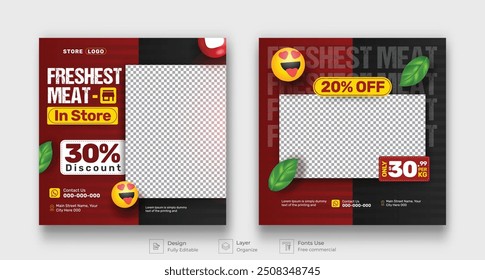 Meat market butchery social media post template. Butchery banner with discounts. Minimalist layout banner for butcher shop