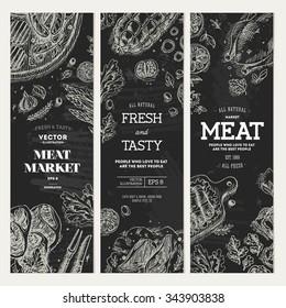 Meat market chalkboard banner collection. Linear graphic. Top view vintage illustration