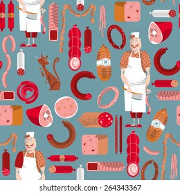 Meat market. Delicatessen. Butcher. Seamless background pattern. Vector illustration