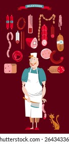 Meat market. Delicatessen. Butcher. Vector illustration