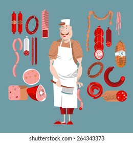 Meat market. Delicatessen. Butcher. Vector illustration