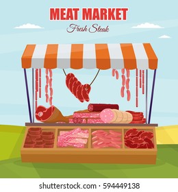 Meat market farm Butcher Shop modern flat vector illustration background