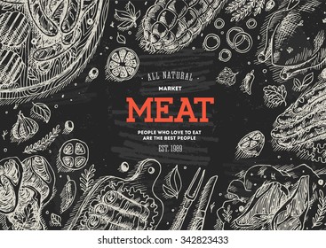 Meat market  frame. Linear graphic. Vector illustration