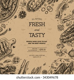 Meat market  frame. Linear graphic. Top view vintage illustration