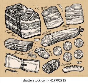 meat market. hand-drawn sketches of food. vector illustration