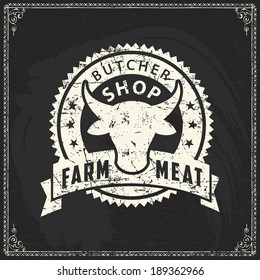 meat market logo cow blackboard text retro styled label of butcher meat shop on blackboard meat market logo cow blackboard text butcher animal classic product texture farm knife isolated natural killi