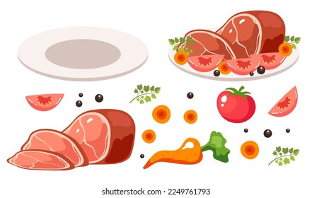Meat meal isolated set. Cooking ingredient recipe barbecue steak beefsteak restaurant menu concept. Vector cartoon graphic design element illustration