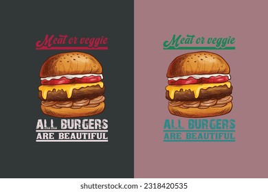 Meat Or Meggie All Burgers Are Beautiful,  Burger Boy Retro Vintage Sunset, Black T-Shirt with Heart-Shaped Burger Design, Retro Burger, True Love for,