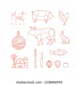 Meat menu flat design elements pig, chicken, cow, rabbit, vegetables, farm, fork, knife drawing on white background