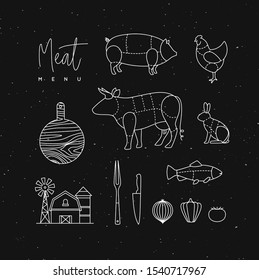Meat menu flat design elements pig, chicken, cow, rabbit, vegetables, farm, fork, knife drawing on black background