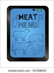 Meat menu on background plate. Set of meat symbols, beef, pork, chicken, duck, lamb. Meat knife and meat axe. Menu cut. Hand drawn. vector illustration.