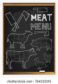 Meat menu on blackboard background. Set of meat symbols, beef, pork, chicken, duck, lamb. Meat knife and meat axe. Menu cut. Hand drawn. vector illustration.