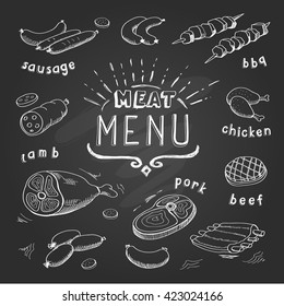 Meat menu on chalkboard. Set of meat symbols, beef, pork, chicken, lamb. Vector Illustration