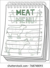 Meat menu on notebook background. Set of meat symbols, beef, pork, chicken, duck, lamb. Meat knife and meat axe. Menu cut. Hand drawn. vector illustration.