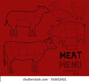 Meat menu on red background. Set of meat symbols, beef, pork, chicken, duck, lamb. Meat knife and meat axe. Menu cut. Hand drawn. vector illustration.