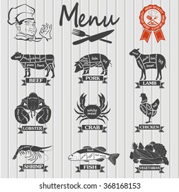  Meat menu. Set of butcher shop labels and design elementsn