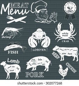  Meat menu. Set of meat symbols, beef, pork, chicken,lamb,lobster,shrimp,crab. Vector Illustration