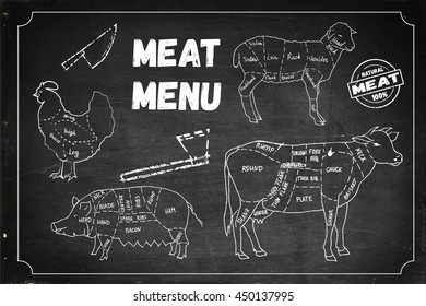 Meat menu. Set of meat symbols, beef, pork, chicken, lamb. Meat knife. Meat axe. Menu cut. Meat menu template. Hand drawn vector stock illustration. Chalk board drawing.