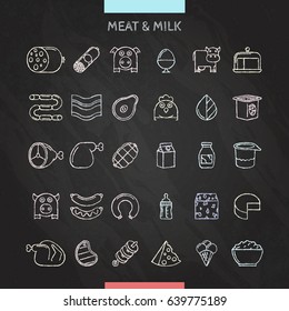 Meat and milk chalk icons set. Vector Illustration