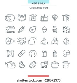 Meat and milk thin line icons set. Vector Illustration