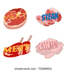 Meat Objects Vector On White Background In Cartoon Style. Beef, Pork, Lamb, Round Steak, Boneless Rump, Ribs, Chicken, Sausage, Ham, Jerky Emblems With Names