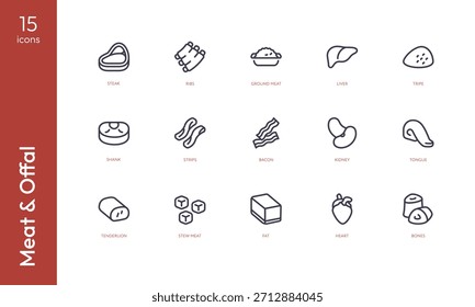 Conjunto de iconos de fuente de carne, despojos y proteínas. Ilustración vectorial. Símbolo blanco y negro de contorno plano aislado. Cocinar colección. Pictogramas de filete, costillas, molido, carne, hígado, tripa, vástago, tiras