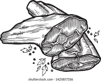 meat on the bone hand and vector drawing. Engraved raw food illustration. Vintage object. Butcher shop product. Great for label, restaurant menu.