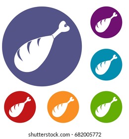 Meat on the bone icons set in flat circle red, blue and green color for web