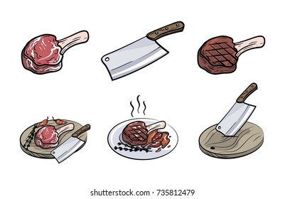 meat on bone, knife and spices. set of vector sketches on white background