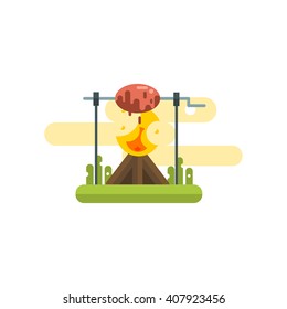 Meat On Bonfire Primitive Style Graphic Colorful Flat Vector Image On White Background