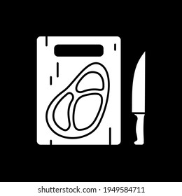 Meat on cutting board dark mode glyph icon. Chicken fillet. Animal cut out. Recipe ingredient. Foodstuff cooking. White silhouette symbol on black space. Vector isolated illustration