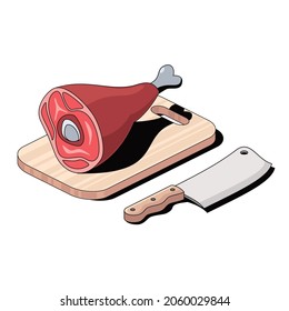 Meat on a cutting board, knife. Vector 3d sketch line isometric style, color icon illustration. Creative design idea and infographics elements.